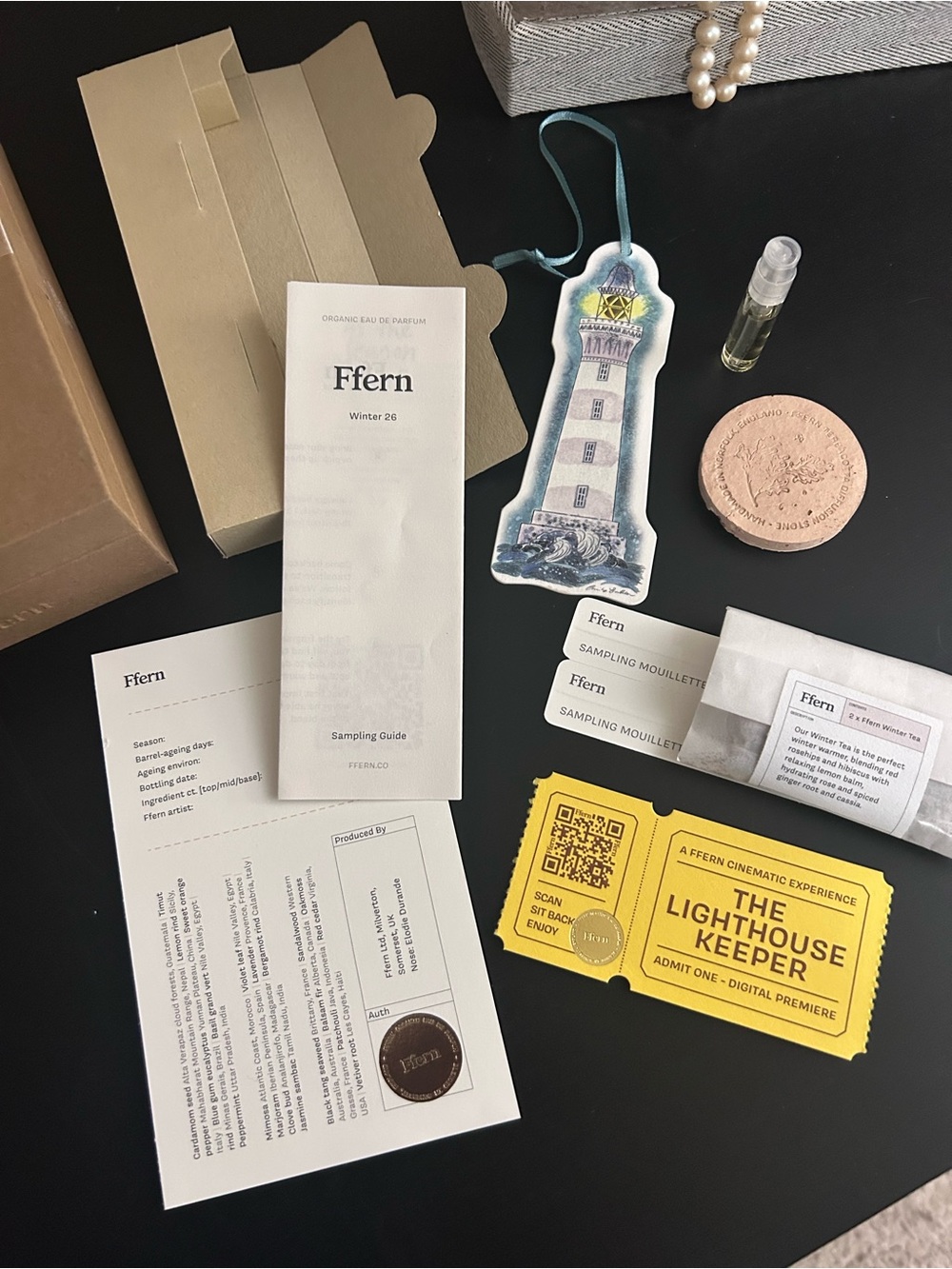 Ffern Winter 2026 Fragrance Sample Set with Lighthouse bookmark and tea